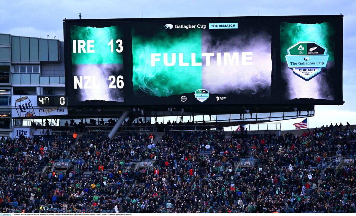The big screen shows the full-time score after the Gallagher Cup match between Ireland and New Zealand at Soldier Field in Chicago, USA. Photo by Ramsey Cardy/Sportsfile The big screen shows the full-time score after the Gallagher Cup match between Ireland and New Zealand at Soldier Field in Chicago, USA. Photo by Ramsey Cardy/Sportsfile