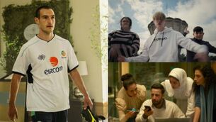 <p>Clockwise from left: Éanna Hardwicke in Saipan; the Kabin Krew in Gealtra; the cast of The Voice of Hind Rajab</p>