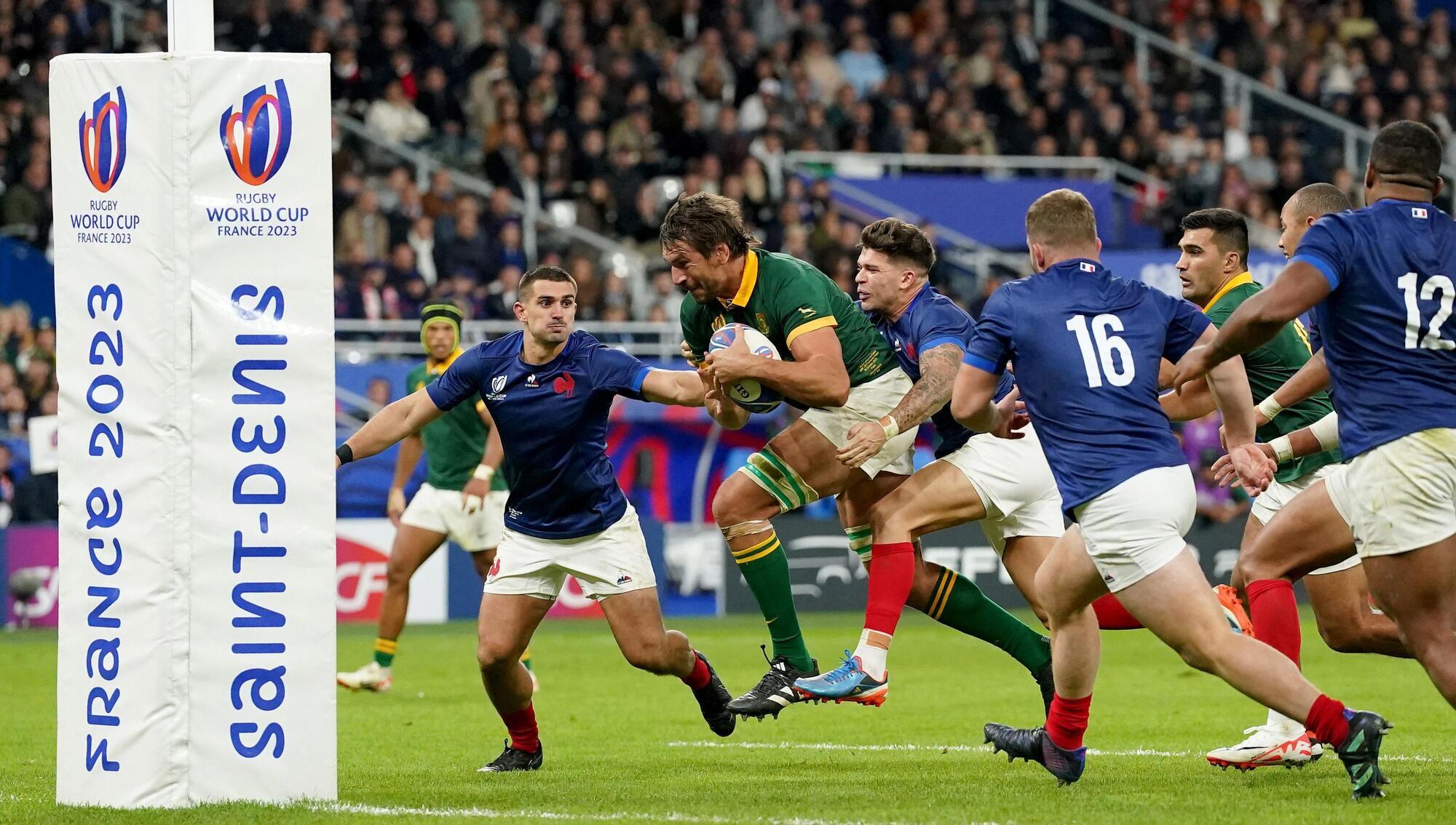 South Africa's Eben Etzebeth breaks through to score his side's fourth try during the Rugby World Cup 2023 quarter-final. Pic: Adam Davy/PA Wire.