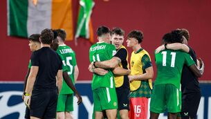 <p>Republic of Ireland players celebrate after the FIFA Under-17 World Cup Group J match between Republic of Ireland and Uzbekistan at Aspire Zone in Doha, Qatar. Photo by Nikola Krstic/Sportsfile</p>
