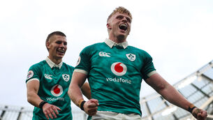 <p>Ireland’s Tommy O'Brien celebrates scoring his sides 6th try of the match. Pic: Billy Stickland, Inpho</p>