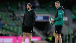 <p>KICKING ON: Ireland assistant coach Jonathan Sexton and head coach Andy Farrell at the Aviva Stadium on Saturday. Pic: Brendan Moran/Sportsfile</p>