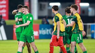 <p>COYYBIG: Republic of Ireland U17 players, including Vinnie Leonard, celebrate. Pic: Nikola Krstic/Sportsfile.</p>