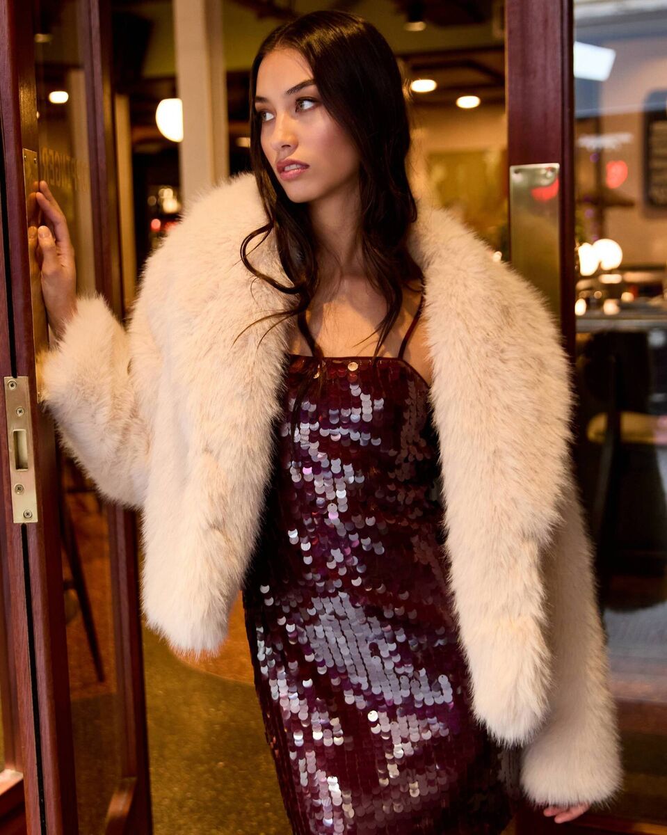 Savida faux fur coat &amp; sequin cami dress. 