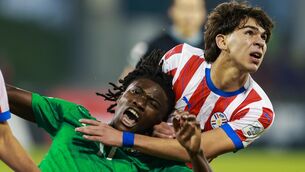 <p>BATTLE: Jaden Umeh is tackled by Juan Miguel Ojeda during the FIFA Under-17 World Cup Group J match. Pic: Nikola Krstic/Sportsfile.</p>