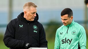 <p>Head coach Heimir Hallgrimsson and Josh Cullen during a Republic of Ireland training session. Pic: Stephen McCarthy/Sportsfile</p>