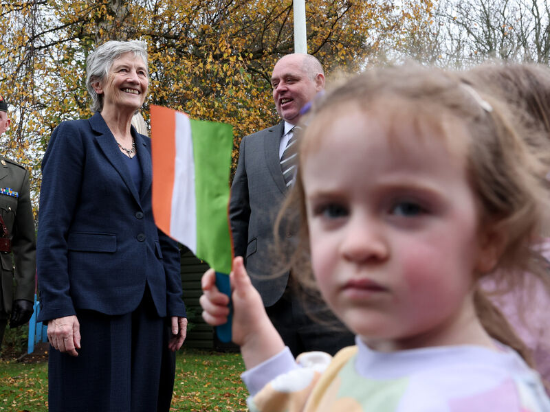 President Catherine Connolly with her husband Brian McEnery this morning visiting Gaelscoil Inse Chór in Inchicore, Dublin 8, on her first official engagement as President of Ireland Picture: Tony Maxwell
