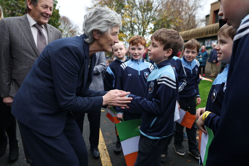 President Catherine Connolly meeting pupils during a visit to Gaelscoil Inse Chor in Kilmainham, Dublin. Picture: Damien Eagers/PA Wire