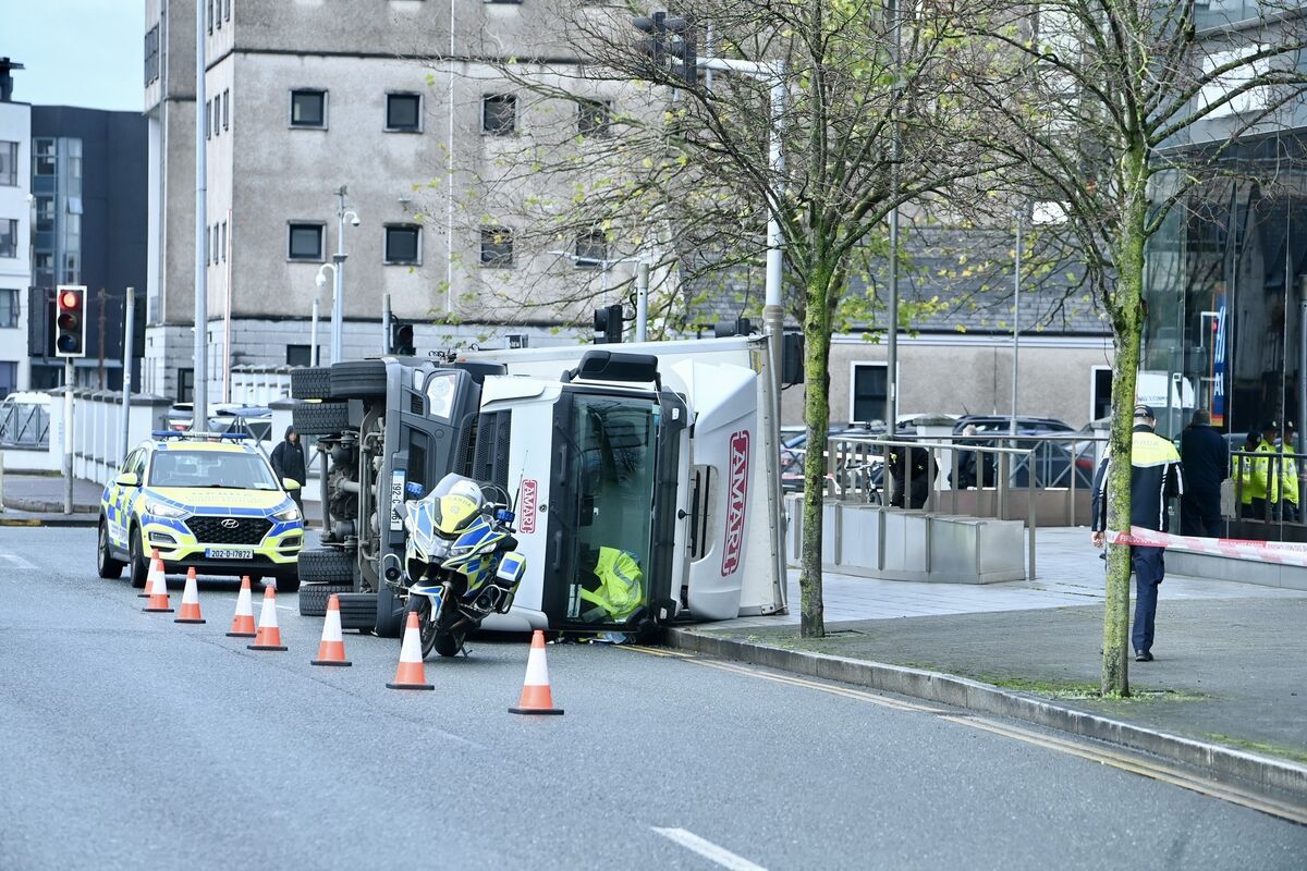 A lorry overturned following an incident near the Elysian building in Cork City. Picture: Larry Cummins