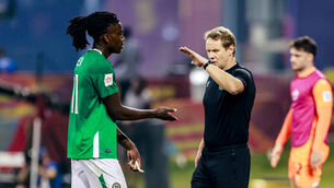 <p>Ireland’s Jaden Umeh and head coach Colin O'Brien. Pic: Inpho</p>
