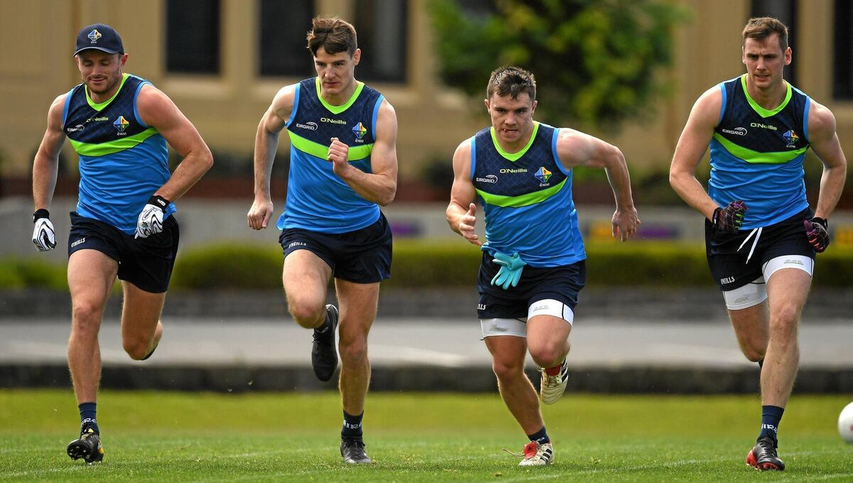 SPEED MERCHANT: Powter with Pearce Hanley, left, Niall Grimley and Conor Sweeney during Ireland International Rules squad training in Melbourne. Pic: Ray McManus/Sportsfile