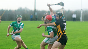 <p>Kilbrittain's James Hurley battles with Enda Moran of Knockaderry. Pic: Brendan Gleeson</p>