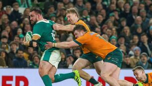 <p>PLAYING CATCH UP: Ireland's hooker Ronan Kelleher is chased down by Australia's Harry Potter and Billy Pollard in Saturday's test match at the Aviva Stadium. The defat has punctured the bubble of positivity around Wallaby rugby. Pic: Paul Faith/ AFP </p>