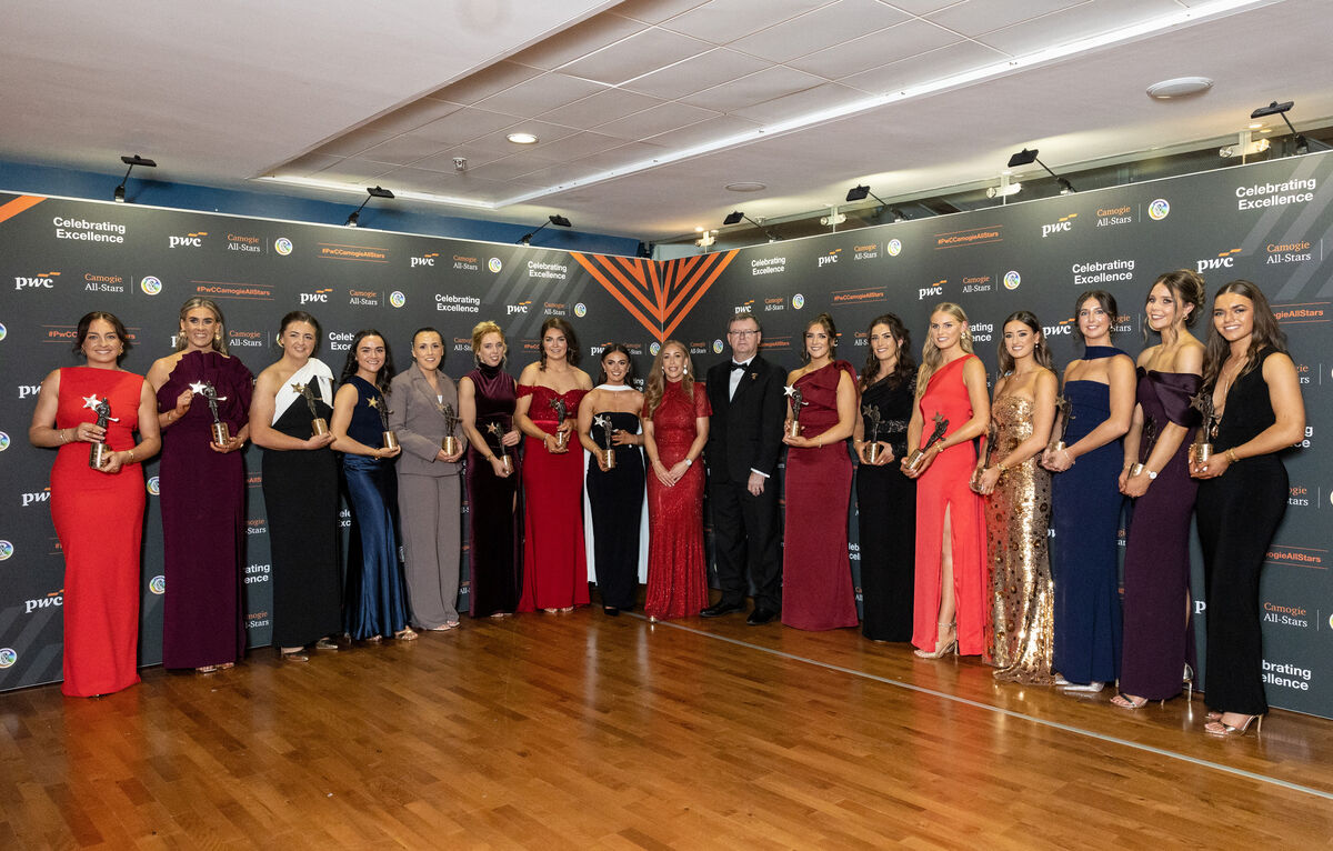 The 2025 PwC Camogie Soaring Star team with Camogie Association Uachtaran Brian Molloy and PwC Markets Partner Marie Coady. Pic: ©INPHO/Dan Clohessy.