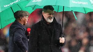 <p>ROY IN GREEN: ITV Sport's Ian Wright and Roy Keane. Picture: Mike Egerton/PA</p>