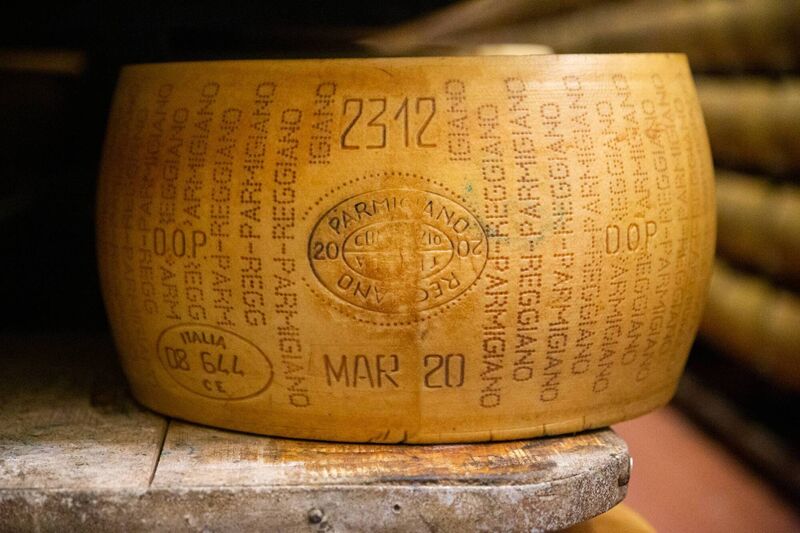 A 42kg wheel of cheese aging at Caseificio Gennari. Picture: Laura Maniscalco. A 42kg wheel of cheese aging at Caseificio Gennari. Picture: Laura Maniscalco.