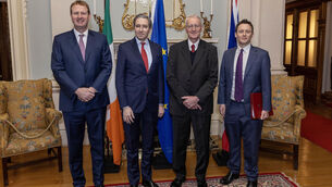 <p>(Left to right) Minister for justice, home affairs and migration Jim O'Callaghan, Tánaiste Simon Harris, secretary of state for Northern Ireland Hilary Benn and under-secretary of state for Northern Ireland Matthew Patrick at the British Irish Intergovernmental Conference at Farmleigh House in Dublin today. Photo: Conor O Mearain/PA</p> <p>(Left to right) Minister for justice, home affairs and migration Jim O'Callaghan, Tánaiste Simon Harris, secretary of state for Northern Ireland Hilary Benn and under-secretary of state for Northern Ireland Matthew Patrick at the British Irish Intergovernmental Conference at Farmleigh House in Dublin today. Photo: Conor O Mearain/PA</p>