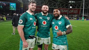 <p>CENTRE OF ATTENTION: Ireland's Caelan Doris, Robbie Henshaw and Bundee Aki celebrate after the game. Pic: INPHO/Gary Carr</p>