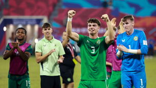 <p>Finn Sherlock of Republic of Ireland celebrates after their 9-8 penalty shoot-out victory in the FIFA Under-17 World Cup Round of 32 match between Republic of Ireland and Canada at Aspire Zone in Doha, Qatar. Photo by Nikola Krstic/Sportsfile</p>