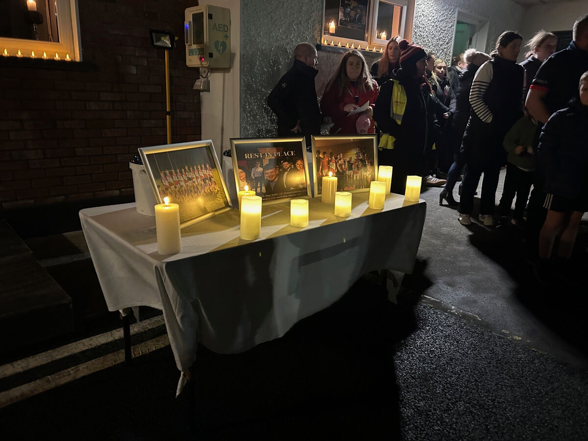 Participants in the vigil at Drumconrath GFC, Co Meath, in honour of the five young people who lost their lives in the two-vehicle crash in Co Louth on Saturday night. Picture: Cillian Sherlock/PA