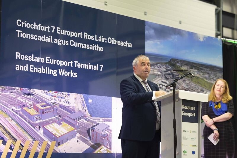 Minister of State at the Department of Public Expenditure, Infrastructure, Public Service Reform and Digitalisation with responsibility for the Office of Public Works Kevin Moran speaking at the opening of the Rosslare Europort Terminal 7 and enabling works. Picture: Patrick Browne 
