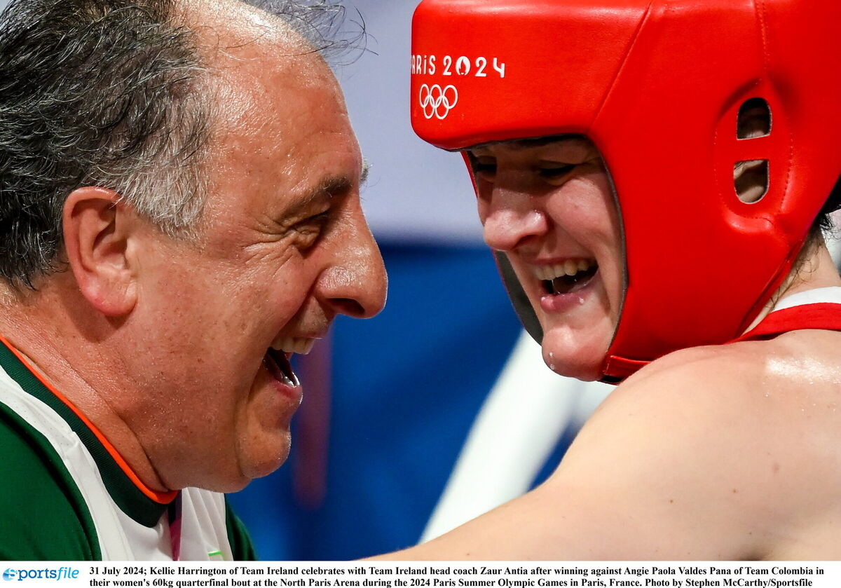 Kellie Harrington of Team Ireland celebrates with Team Ireland head coach Zaur Antia after winning against Angie Paola Valdes Pana of Team Colombia in their women's 60kg quarterfinal bout at the North Paris Arena during the 2024 Paris Summer Olympic Games in Paris, France. Photo by Stephen McCarthy/Sportsfile Kellie Harrington of Team Ireland celebrates with Team Ireland head coach Zaur Antia after winning against Angie Paola Valdes Pana of Team Colombia in their women's 60kg quarterfinal bout at the North Paris Arena during the 2024 Paris Summer Olympic Games in Paris, France. Photo by Stephen McCarthy/Sportsfile