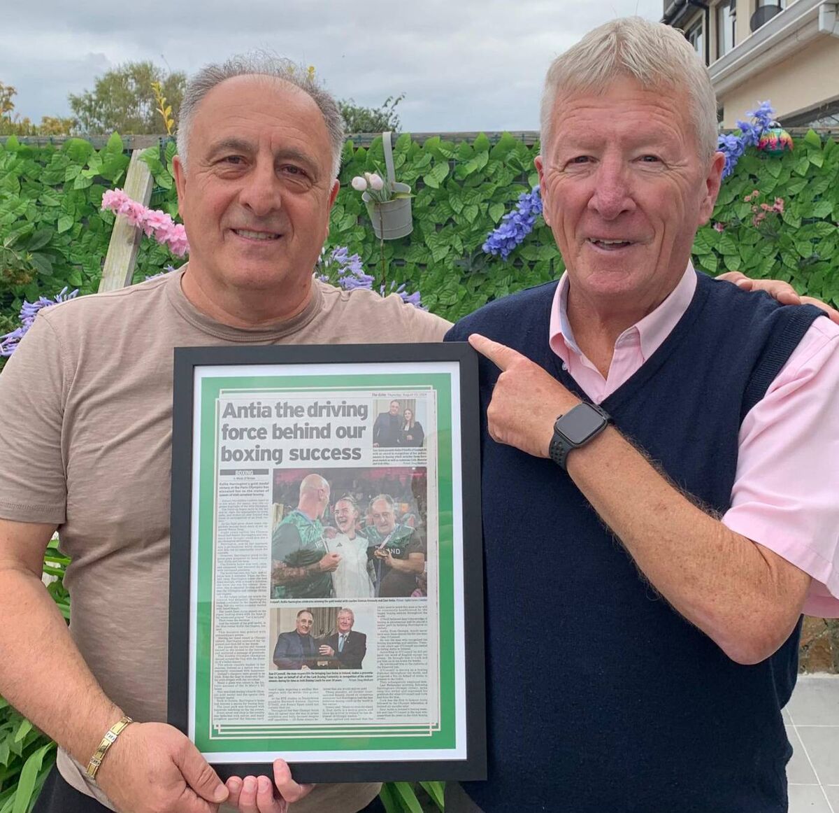 Cork Boxing: Dan O'Connell makes a framed presentation to Olympic coach Zaur Antia of the Echo report on the Olympic gold medal success of Kelly Harrington in Paris. Cork Boxing: Dan O'Connell makes a framed presentation to Olympic coach Zaur Antia of the Echo report on the Olympic gold medal success of Kelly Harrington in Paris.