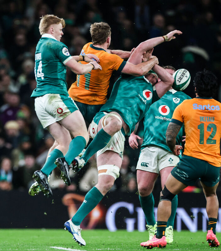 Ireland's Tommy O'Brien and Ryan Baird collide with Harry Potter. Pic: ©INPHO/Nick Elliott. Ireland's Tommy O'Brien and Ryan Baird collide with Harry Potter. Pic: ©INPHO/Nick Elliott.