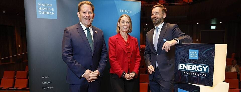 Darragh O'Brien (Minister for Climate, Energy and the Environment), Tina Raleigh (head of offshore, Statkraft), and Eoin Cassidy (MHC lead energy partner) at the MHC energy conference. Darragh O'Brien (Minister for Climate, Energy and the Environment), Tina Raleigh (head of offshore, Statkraft), and Eoin Cassidy (MHC lead energy partner) at the MHC energy conference.