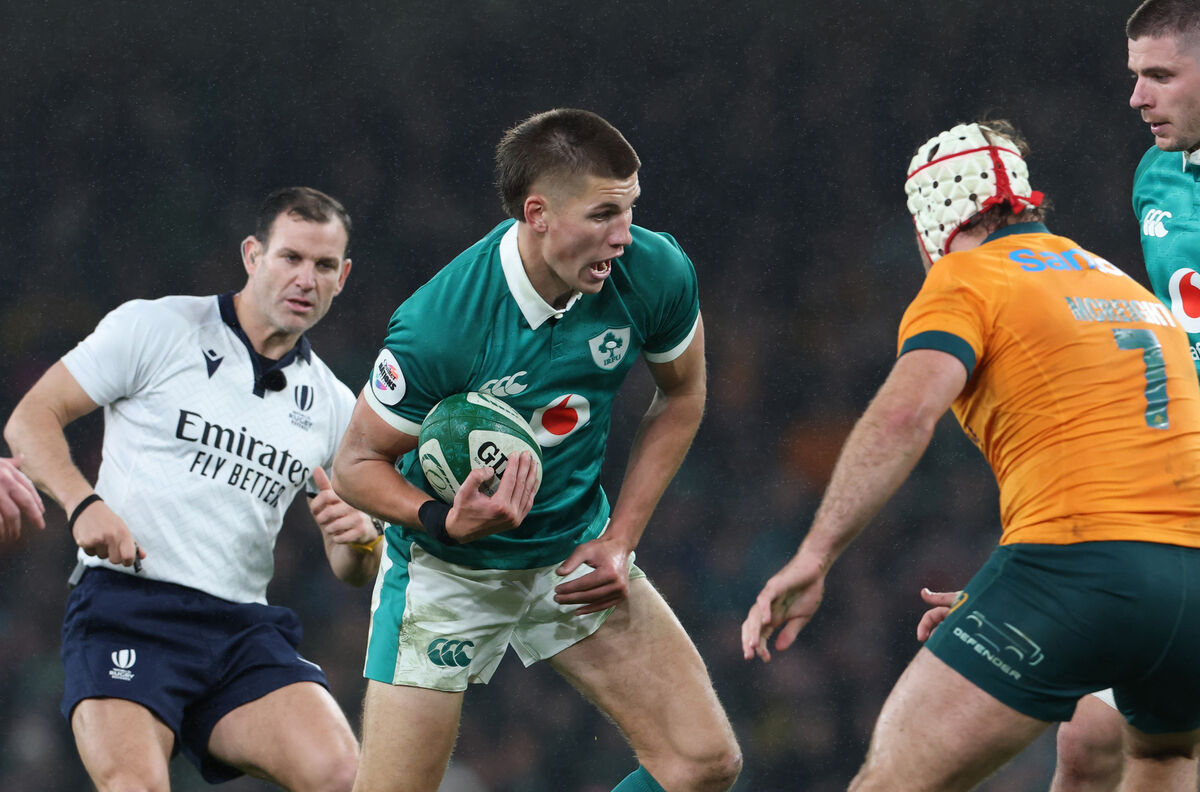 Sam Prendergast in action against the Wallabies. Pic: Nick Elliott/Inpho