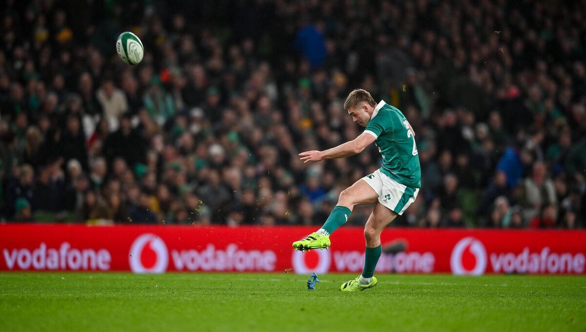 Ireland's Jack Crowley kicks a conversion against Australia at the Aviva Stadium. Vodafone's sponsorship of Irish rugby is estimated to be worth €20m over four years. Picture:  David Fitzgerald/Sportsfile