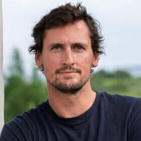 Harrison Gardner, and right, exterior of the home he shares with his wife Erin McClure and their two daughters. 