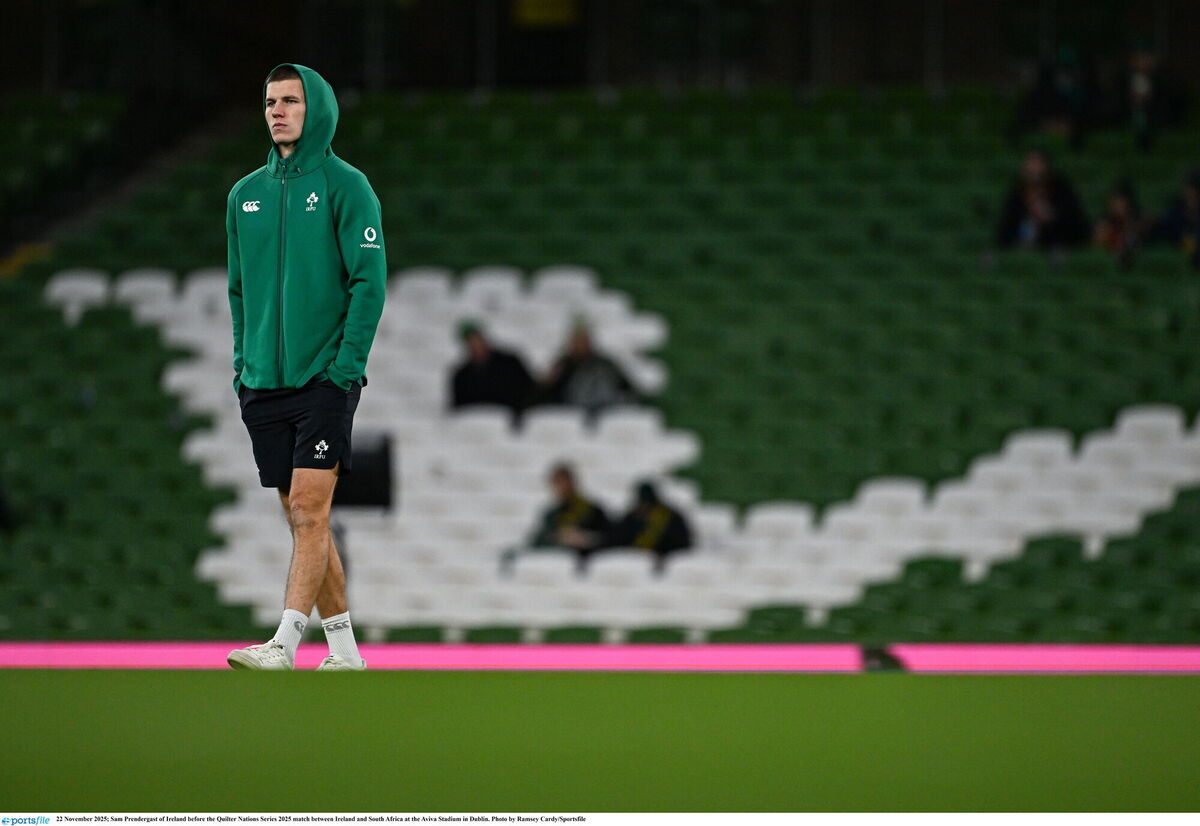Sam Prendergast before the Quilter Nations Series match between Ireland and South Africa at the Aviva Stadium. Pic: Ramsey Cardy/Sportsfile