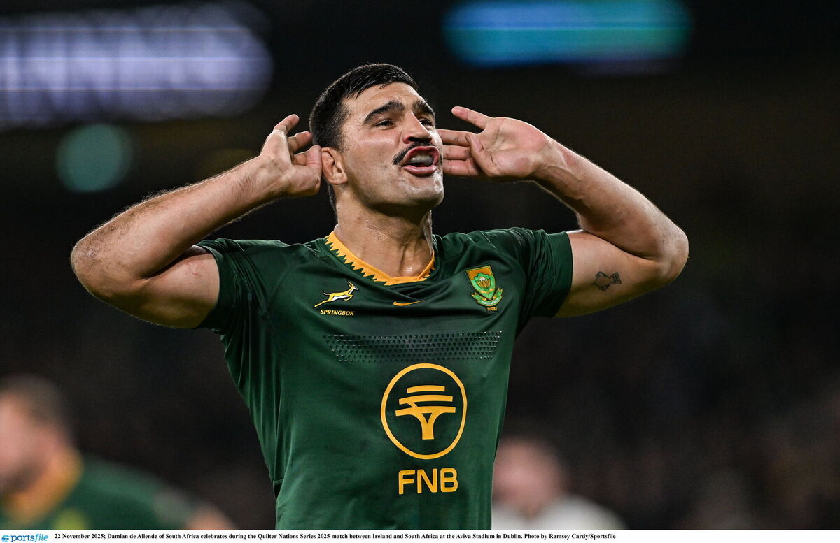 Damian de Allende of South Africa celebrates during the Quilter Nations Series 2025 match against Ireland. Pic: Ramsey Cardy/Sportsfile
