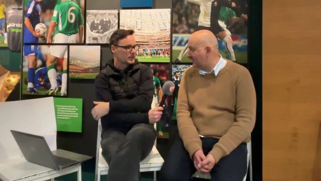 <p>Brendan O'Brien and Simon Lewis at the Aviva Stadium</p>