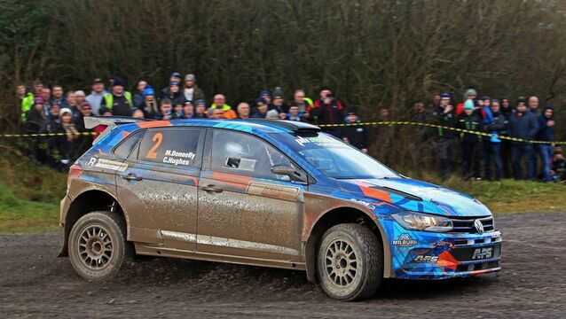 <p>Omagh's Mark Donnelly/Cathair Hughes took their VW Polo GTi R5 to victory in the Samsonas Fivemiletown Rally. Top seed Niall McGonigle retired his Ford Fiesta Rally2 on the opening stage with transmission issues while early leader Derek Mackarel (Ford Fiesta R5) was forced out after SS2 with a broken wheel. Pic: William Neill. </p>