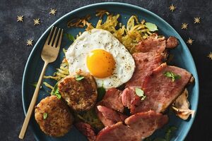 Leftover heaven: Grilled Hampshire ham with rosti potato, stuffing & fried egg