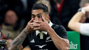 <p>New Zealand's Rieko Ioane celebrates scoring a try against Wales. Pic: INPHO/Billy Stickland</p>