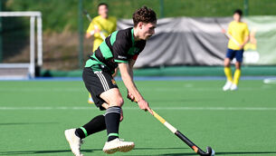 <p> Sam Dale, captain Bandon Grammar School with possession in the So Hockey Munster Boys Senior A Cup final. Picture: Larry Cummins</p>