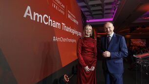 <p> AmCham chair Liz Cunningham with Taoiseach Micheál Martin at the AmCham 2025 Thanksgiving lunch, sponsored by William Fry, in the Clayton Hotel, Burlington Road, Dublin. Picture: Conor McCabe Photography </p>