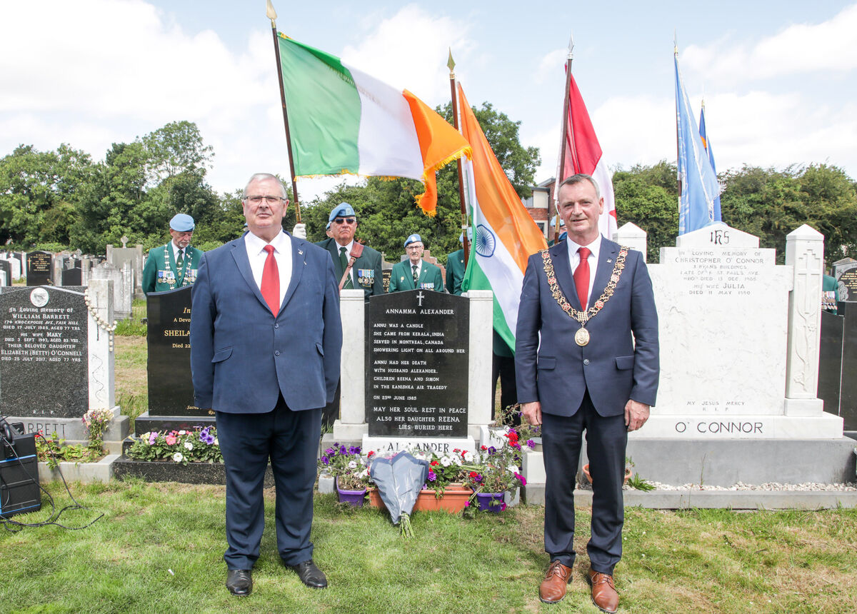 Lord Mayor of Cork, Cllr. Fergal Dennehy and Finbarr Archer at the memorial ceremony in St Michael's cemetery, Blackrock, Cork for those who died in Air India Flight 182 disaster when it came down off the Cork Coast in 1985. Picture: David Creedon