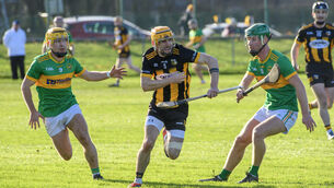 <p> Josh O'Donovan, Kilbrittain breaking between Kilrossanty players Frankie De Paor and Eoin Power. Picture: Dan Linehan</p>