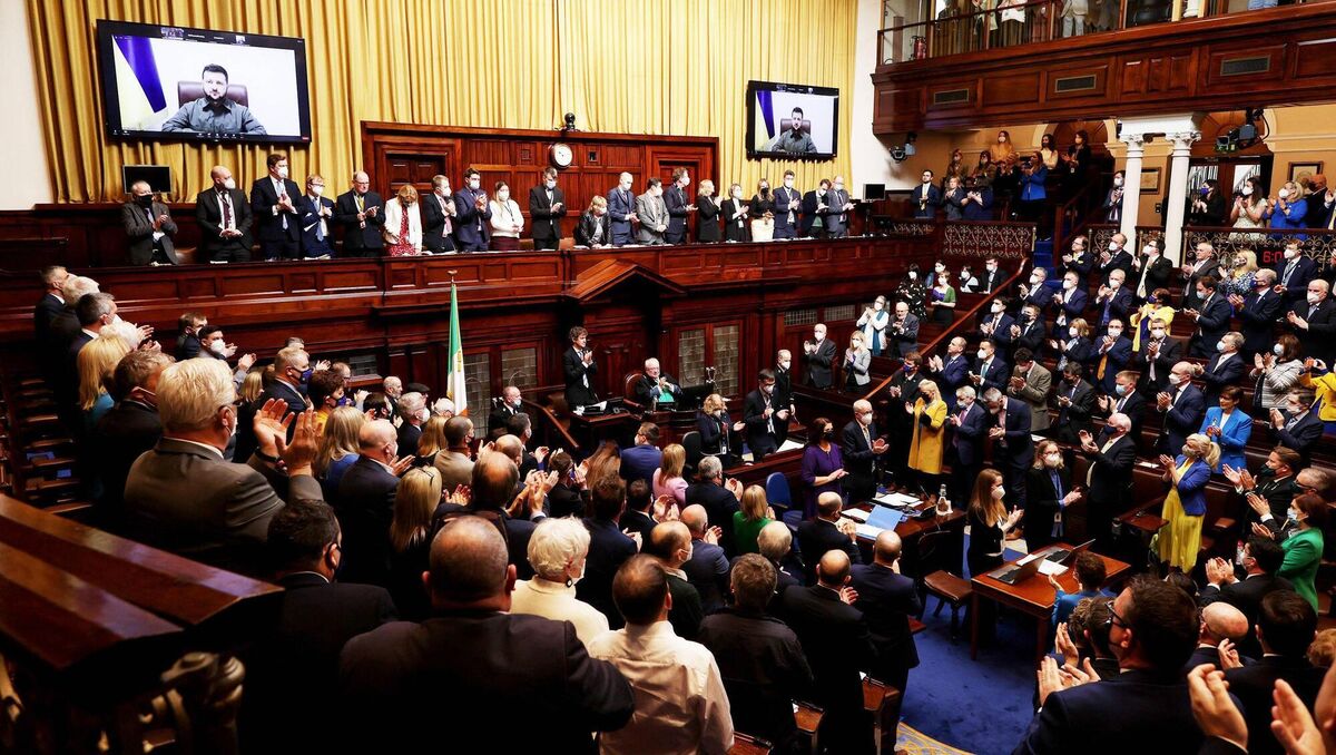 Ukrainian president Volodymyr Zelenskyy is expected to address a joint sitting of the Oireachtas during his visit. He previously addressed TDs and senators by video link on Wednesday April 6, 2022. File picture: Maxwells/PA