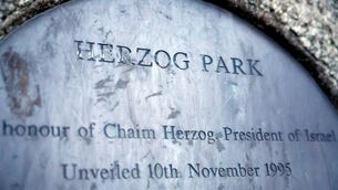 <p>A plaque on a stone reads 'Herzog Park' commemorating Chaim Herzog, Israel's sixth president, who was born in Belfast, as Dublin City Council has prepared a motion to rename 'Herzog Park' to 'Hind Rajab Park' after Hind Rajab from Gaza, in Dublin, Ireland, November 30, 2025. REUTERS/Clodagh Kilcoyne</p>