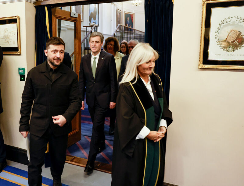 Ukrainian President Volodymyr Zelensky during his address to a joint sitting in the Dail chamber on Tuesday afternoon during his visit to Ireland. Picture: Tony Maxwell/Maxwells/PA Wire