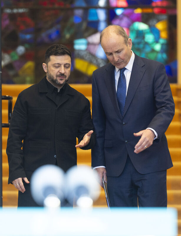 President of Ukraine Volodymyr Zelenskyy and Taoiseach Micheál Martin at a press conference outside Government Buildings as he visits Ireland. Picture: SAM BOAL/Collins Photos 