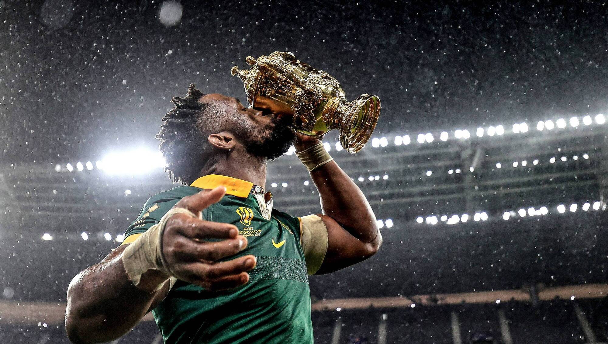 South Africa captain Siya Kolisi celebrates with the William Webb Ellis trophy after winning the 2023 Rugby World Cup. Pic: Dan Sheridan/Inpho.