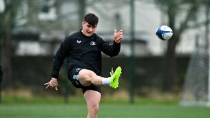 <p>Dan Sheehan practises his kicking during a Leinster squad training session at UCD. Pic: Sam Barnes/Sportsfile</p>