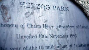 <p>A plaque commemorating Chaim Herzog in Dublin, Israel's sixth president. Dublin City Council has prepared a motion to rename 'Herzog Park' to 'Hind Rajab Park' after Hind Rajab from Gaza. Photo: REUTERS/Clodagh Kilcoyne</p>