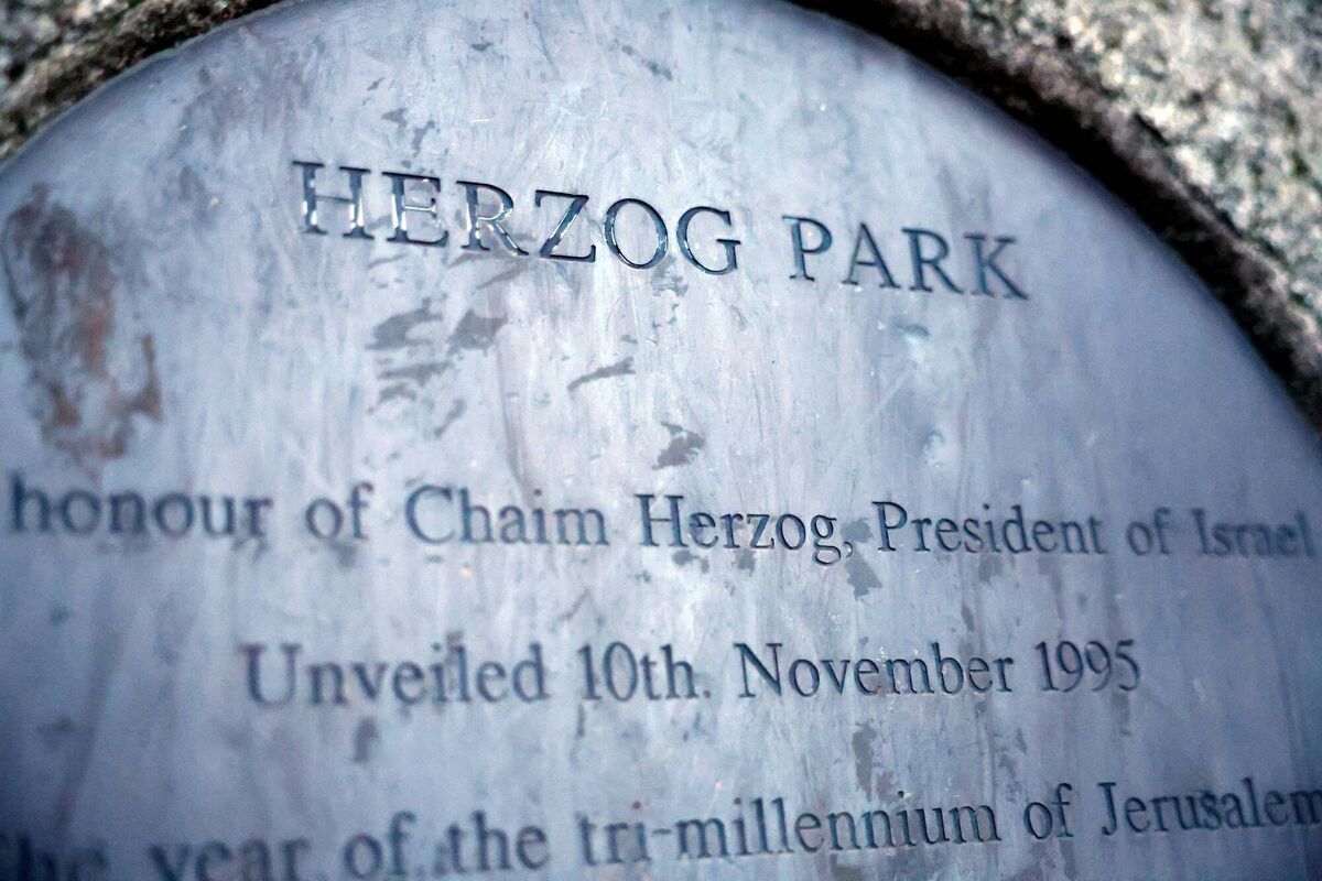 A plaque on a stone reads 'Herzog Park' commemorating Chaim Herzog, Israel's sixth president, who was born in Belfast. Picture: Clodagh Kilcoyne A plaque on a stone reads 'Herzog Park' commemorating Chaim Herzog, Israel's sixth president, who was born in Belfast. Picture: Clodagh Kilcoyne